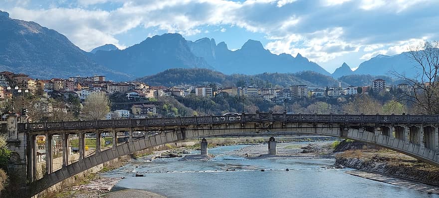 piave, sungai, jembatan, panorama, belluno, Italia, tempat terkenal, Cityscape, gunung, air, Arsitektur