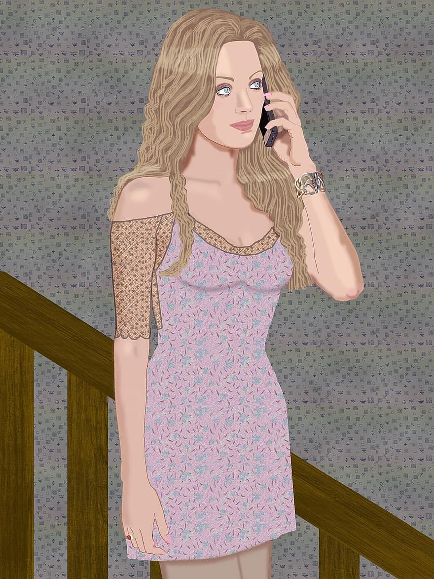 хорошенькая женщина, лестница, длинные волосы, сотовый телефон, Серый телефон