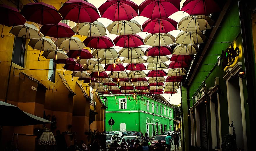guarda-chuvas, rua, estrada, pessoas, multidão, romênia