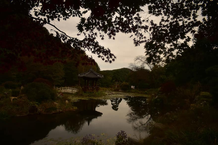 湖、山、イブニング、水、大韓民国、伝統的な、自然、木、風景、秋、田園風景