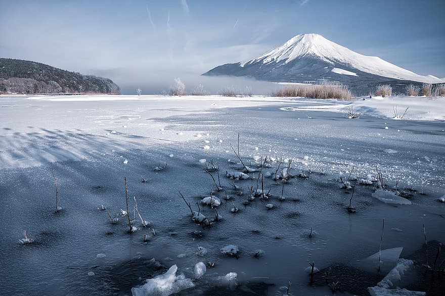 Fujibjerget, frosne sø, vinter, landskab, sø, Temperatur under nul, sne, is, bjerg, blå, sæson