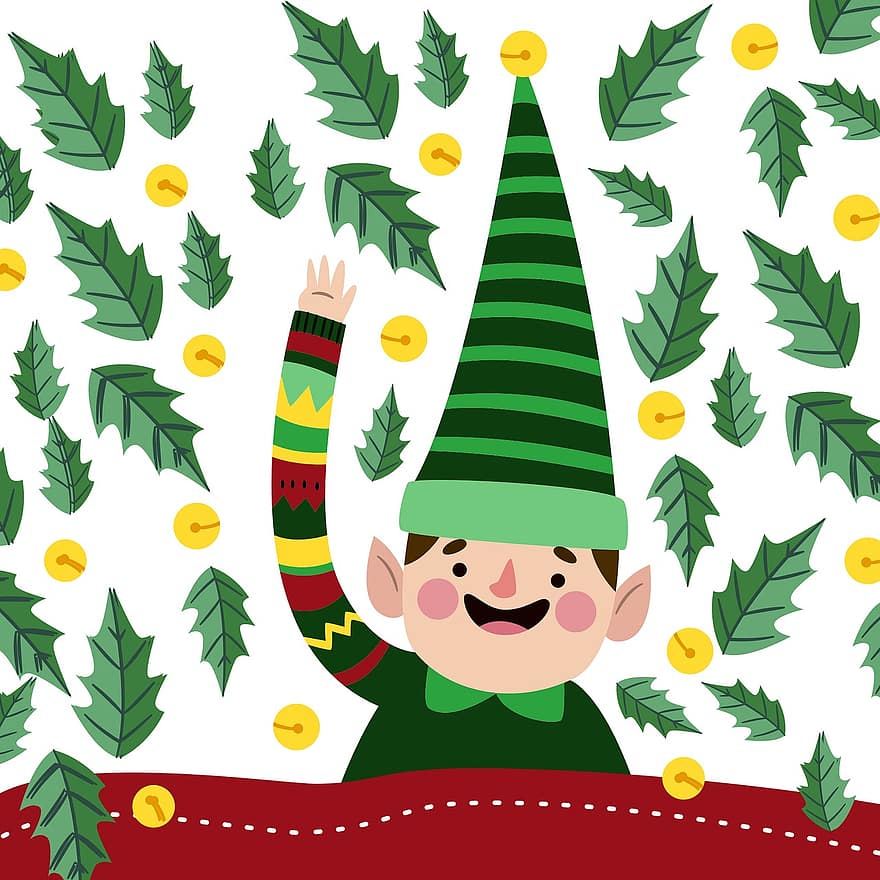 elfs, Ziemassvētki, zaļā cepure, lapas, gudrs, sveiciens, karti, klipkopas, polārs, ziemā, sedz