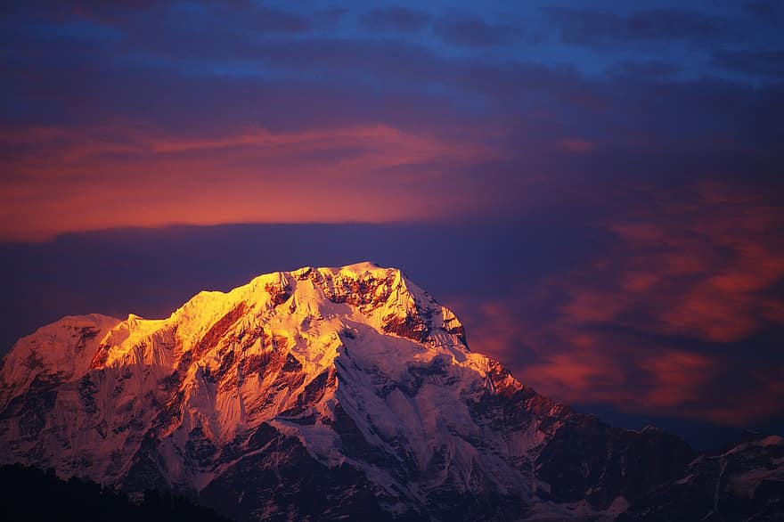 Montagne, Alpes, montagne enneigée, Massif, Annapurna, lever du soleil, himalaya, ciel, paysage, la nature, de pointe
