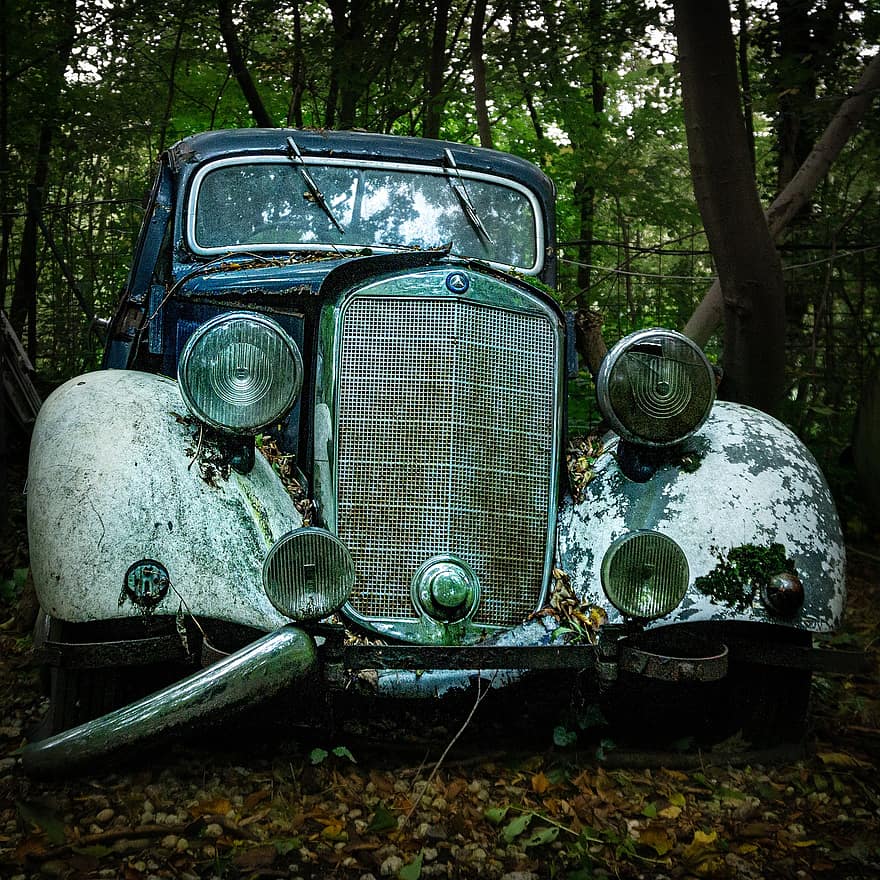 mercedes, floresta, carro abandonado, Carro em ruínas
