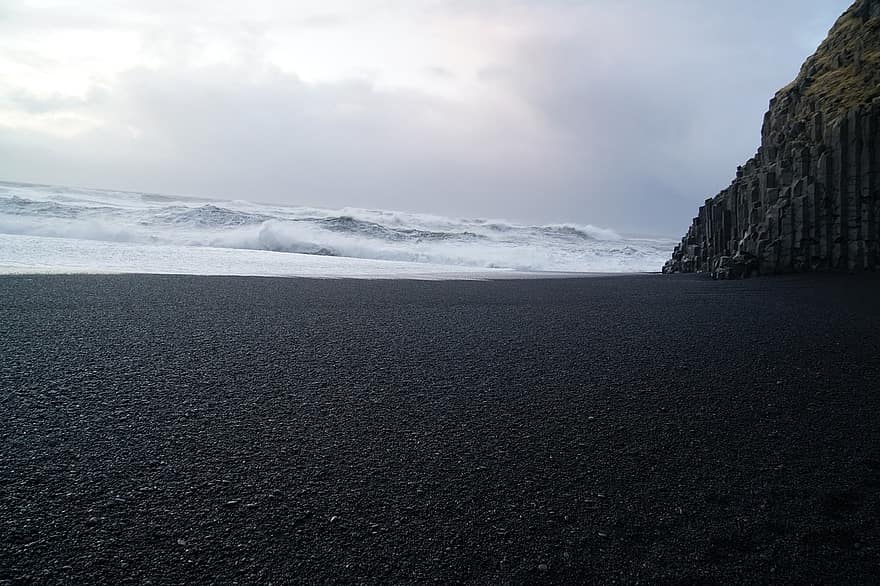 Islande, plage de sable noir, mer, plage, le sable, rive, falaise, côte, vague