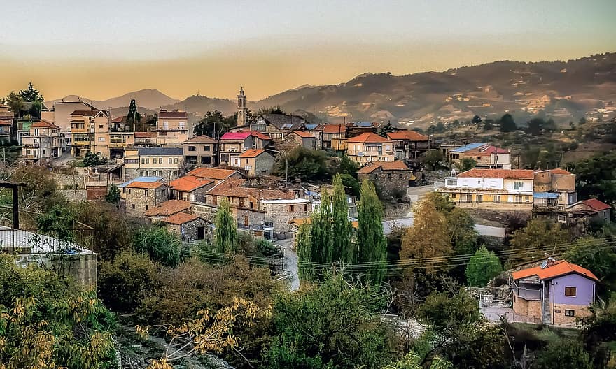Dorf, die Architektur, Häuser, Gebäude, traditionell, Landschaft, Mittelmeer, Kyperounta, troodos, Zypern, Nachmittag