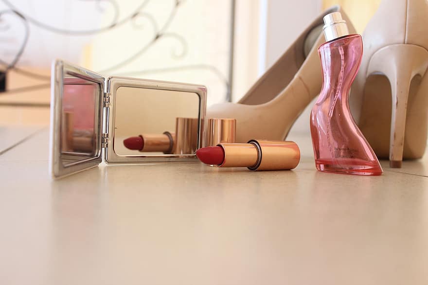 립스틱, 구두, 거울, 화장품, 구성하다, 향수, 병, 아름다움, 작은 거울