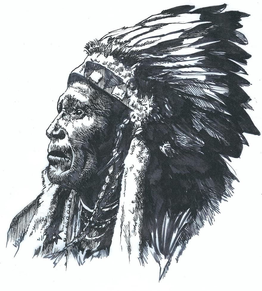 inheems, Amerika, Sioux, illustratie, zwart en wit, culturen, mannen, geschiedenis, tekening, kunstproduct, geïsoleerd