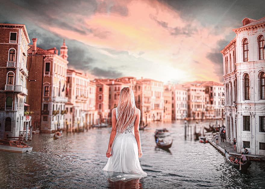 mujer, joven, mar, Venecia, agua, rubia, modelo, bote, muelle, arquitectura, canal