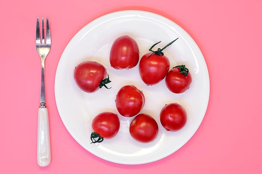помидоры, овощи, питание, свежий, вилка, тарелка, здоровый, органический, созревший, витамины, производить