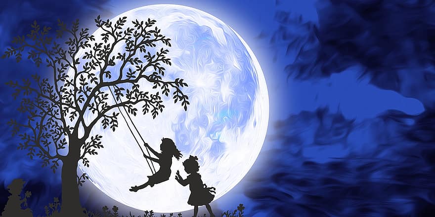 дети, ребенок, семья, дерево, Луна, небо, ночь, мальчик, детство, веселье, счастливый