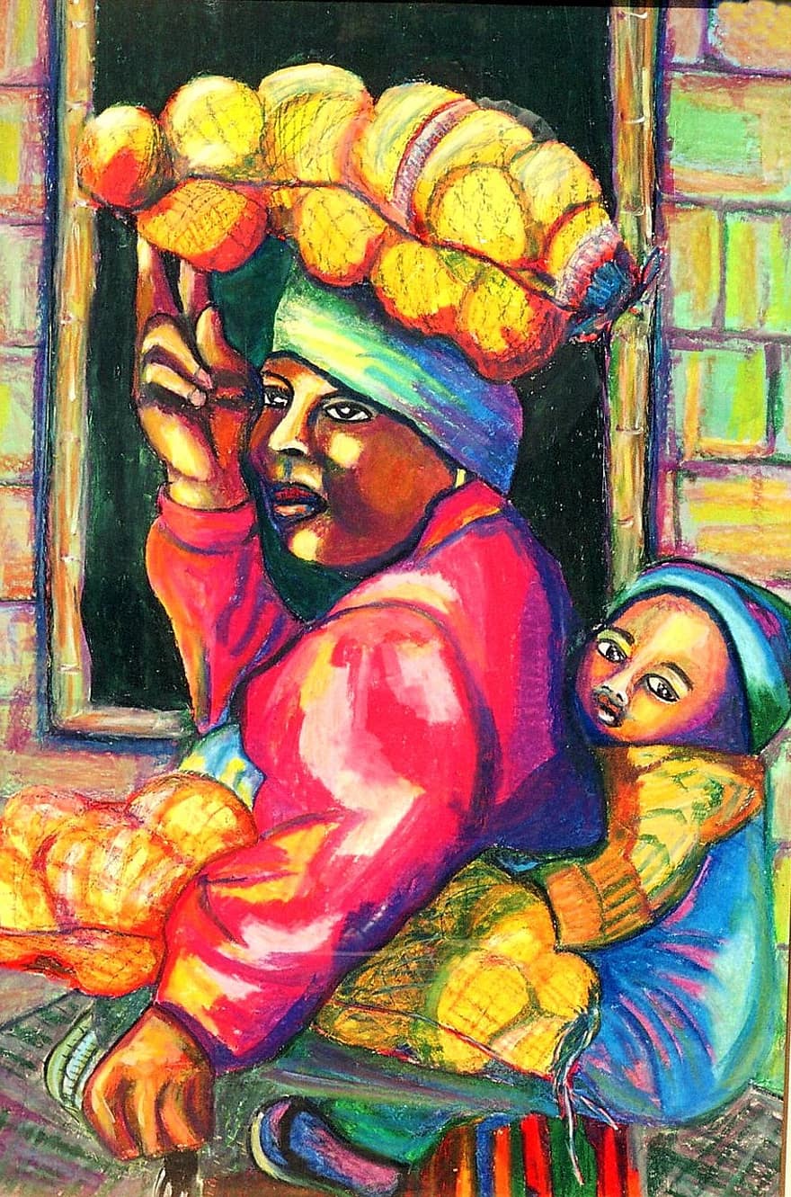 pintura acrílica, Venda de laranjas, mãe e bebê, artístico