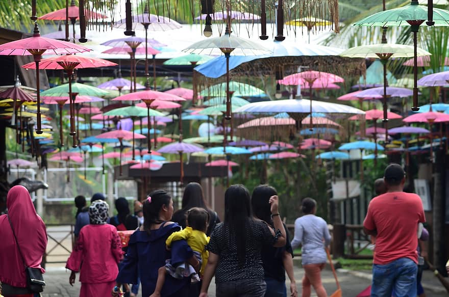 Crowd, People, Walking, Umbrella