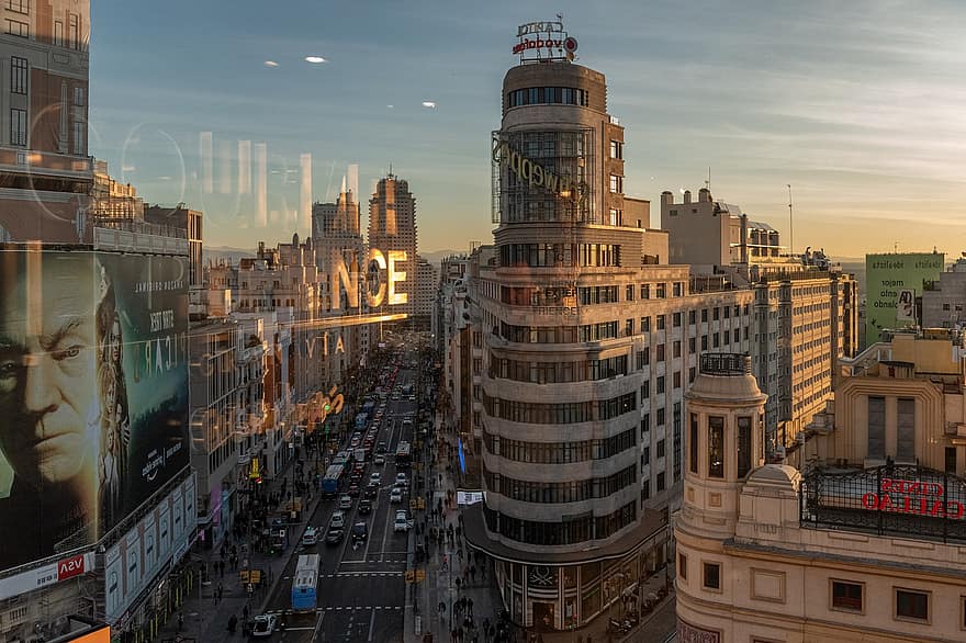 budov, provoz, silnice, městský, západ slunce, architektura, Madrid, Španělsko
