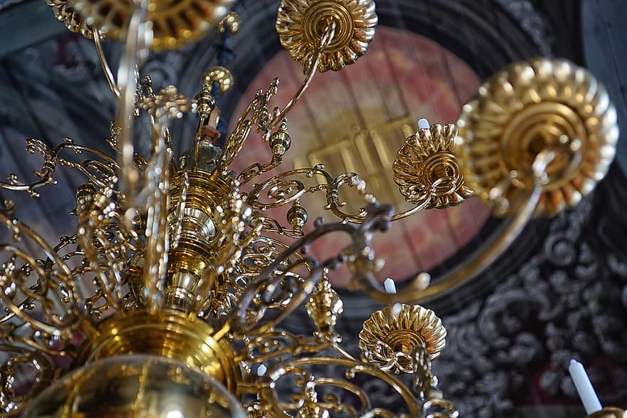 Chandelier, Church, Antique Chandelier, decoration, luxury, antique, gold, close-up, elegance, metal, ornate