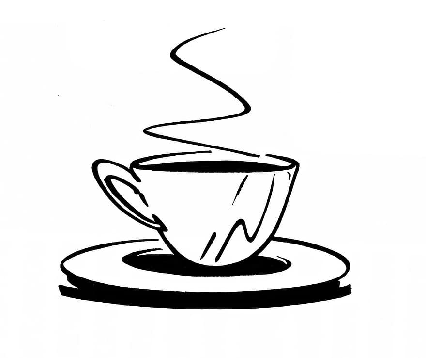 커피, 컵, 모카, 검정색과 흰색, 스케치