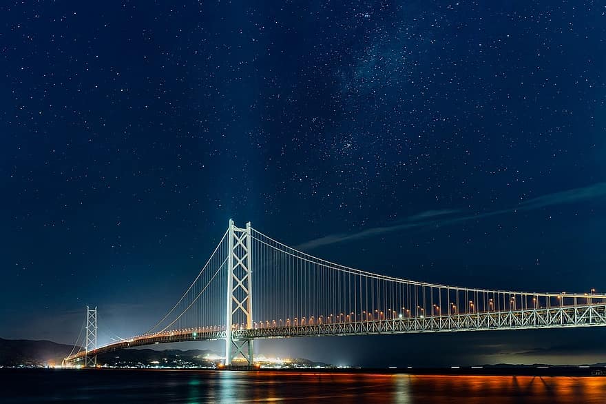 pont, vista nocturna, el pont akashi-kaikyo, cel estrellat, Via Làctea, El pont penjant més llarg del món, Japó, nit, blau, lloc famós, il·luminat