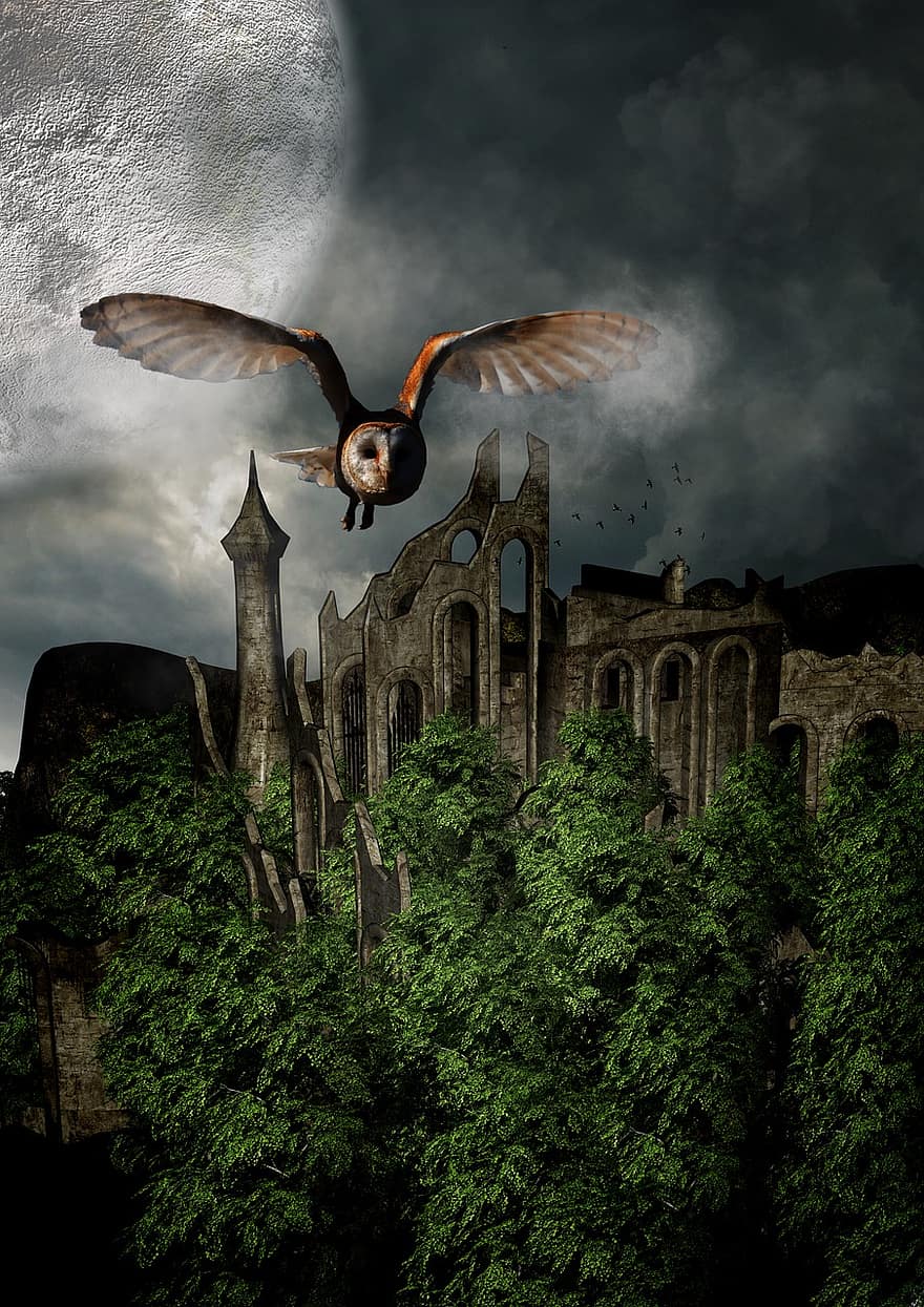 Owl, Castle, Ruin, Trees, Sky, Clouds, Landscape, Nature, Mystical