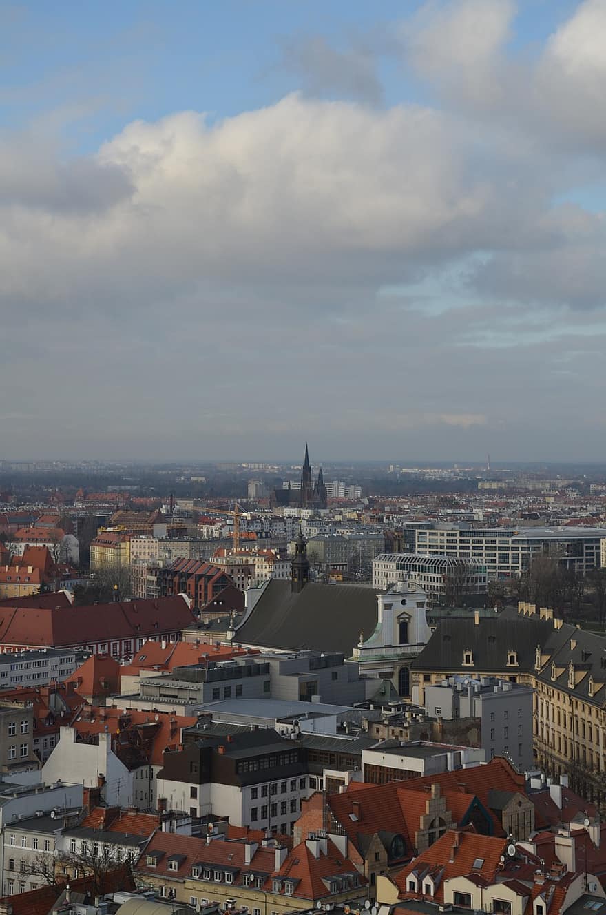 Budynki, Miasto, panorama, mgła, chmury, niebo, pejzaż miejski, miejski, turystyka, widok, Polska