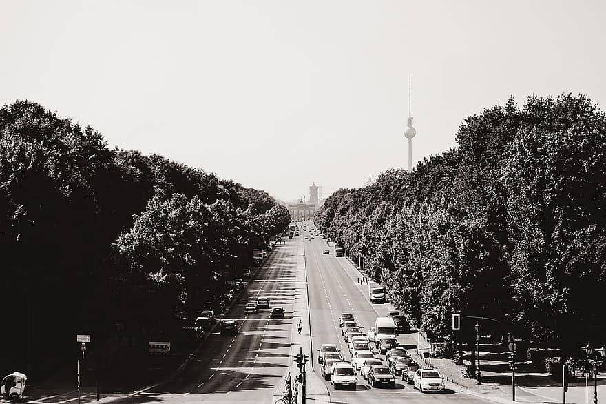 Streets, Traffic, Trees, Avenue, Lanes, Roads, Cars, Vehicles, Berlin, Germany, Tv Tower