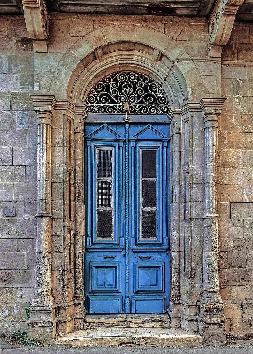 drzwi, stary, drewniany, fasada, architektura, niebieskie drzwi