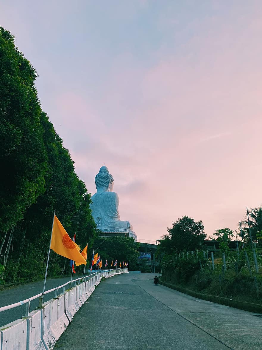 Buddha, Thailand, Journey, Dawn, Flags, Road, Statue, Travel, buddhism, religion, famous place