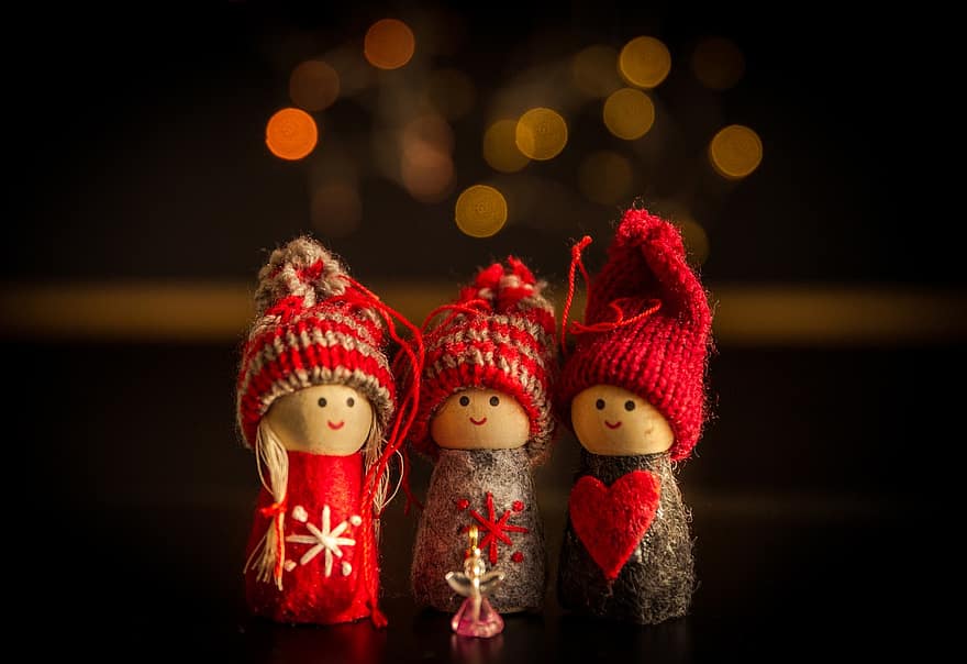 Коледа, миниатюрен, кукла, мини, сладък, декор, боке, заден план, украса, дизайн, фигура