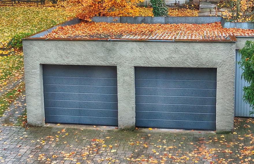 гараж, Гаражная дверь, задний двор, Германия, архитектура, осень, лист, фоны, питание, экстерьер здания, металл