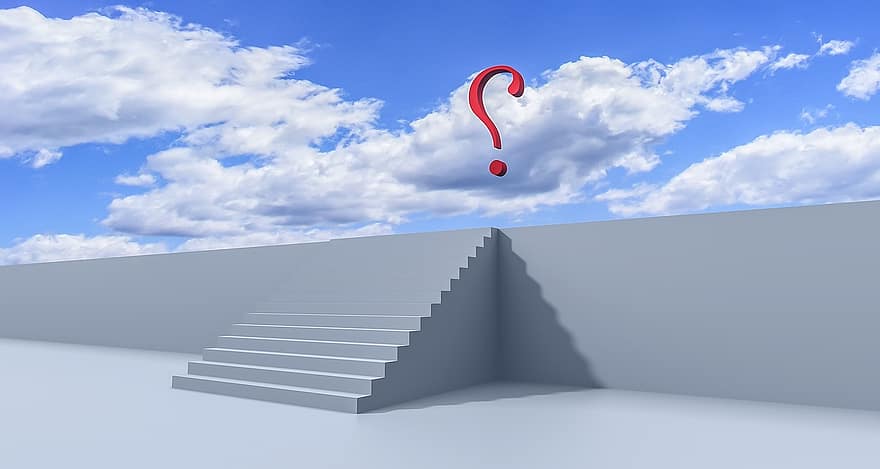 question, escaliers, Solution, décision, signe, escalier, 3d, blanc, étape, stratégie, résoudre