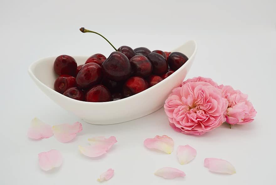 kirsebær, søte kirsebær, shell, roser, Rose blader, rød, frukt, bolle, nydelig, velsmakende, saftig