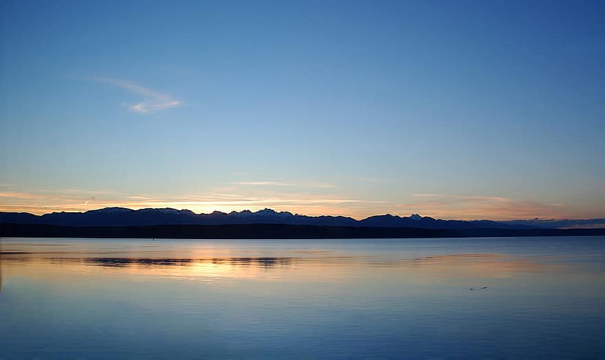Lake, Mountains, Water, Olympic National Park, Olympic Mountains, sunset, blue, summer, dusk, landscape, sunlight