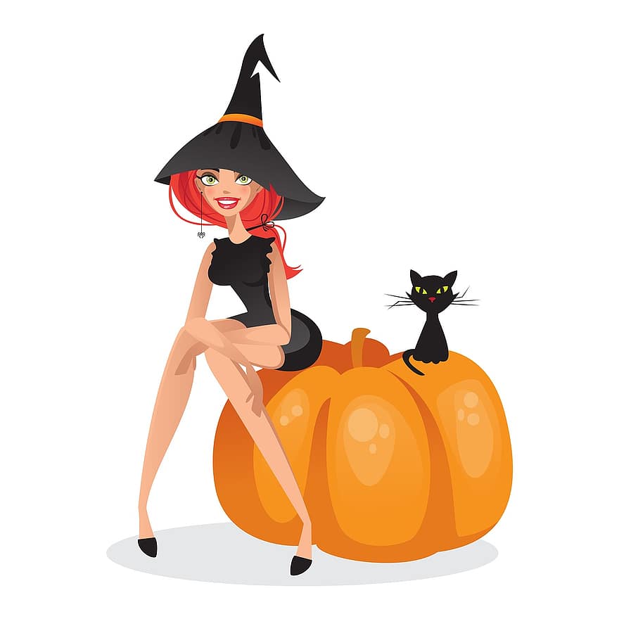Witch, October, Halloween, Pumpkin, Yellow, Orange, Young, Harvest, Closeup, Cat, Autumn