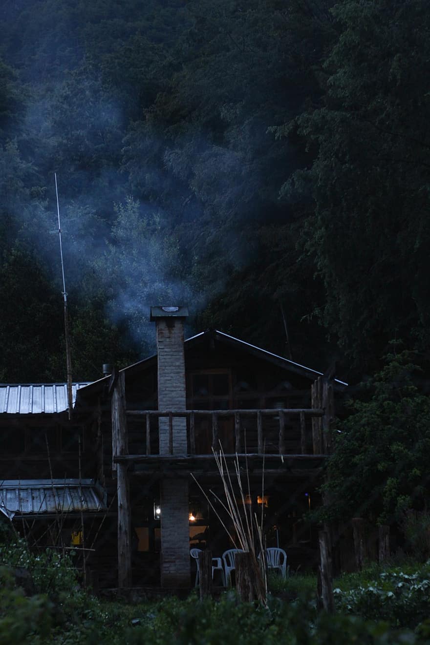 cabine, Bos, nacht, regen, veld-, donker, oud, hout, landelijke scène, architectuur, spookachtig