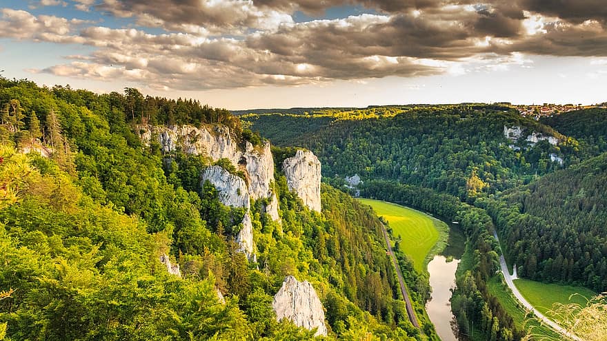 vallei van de Donau, Beuron, rots, wolken, hoog, kalksteen, bomen, Bos, landschap, berg-, boom