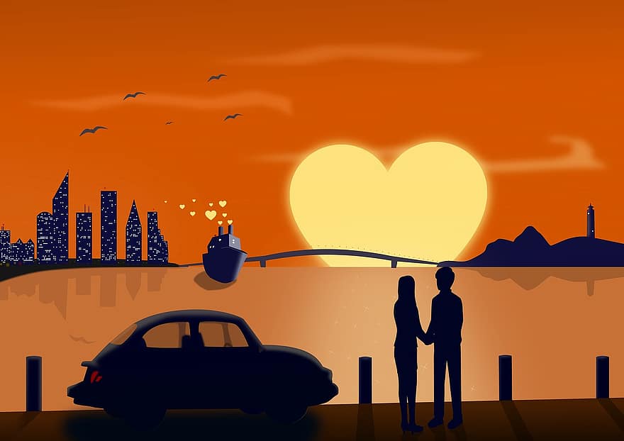 Love, Relationship, Romance, Romantic, Sunset, Couple, Lovers, People, Togetherness, Heart, Silhouette