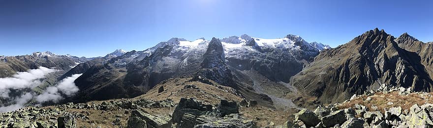 Panorama depuis le Piz Ault, itinéraire alpin, Alpes, marche, ciel, dessus, excursions, randonnée, les montagnes, la nature, des nuages