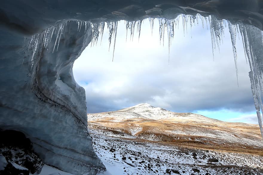 kamchatka, caverna, inverno, gelo, neve, montanha, azul, panorama, geada, congeladas, agua