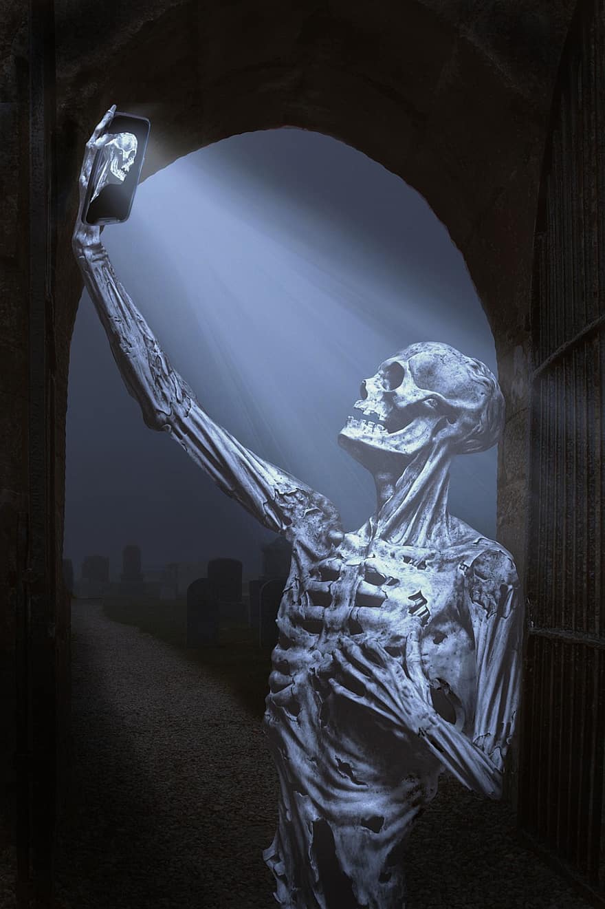 skelet, selfie, mand, pige, spøgelse, halloween, frygt, uhyggelig, rædsel, kirkegård, grav