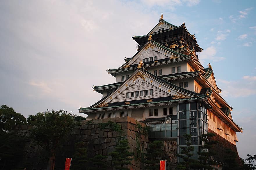 замък, сграда, покрив, традиционен, архитектура, Осака, Япония