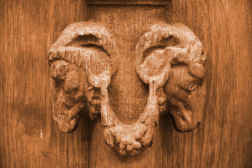 drewniany, drzwi, rzeźba, Baran, owca, drewno, stary, głowa zwierzęcia, czaszka zwierząt, chrześcijaństwo, architektura