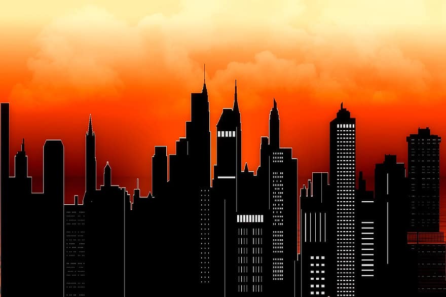 città, New York, New York City, skyline di New York City, paesaggio urbano, costruzione, grattacielo, tramonto, nuvole, cielo, cielo serale