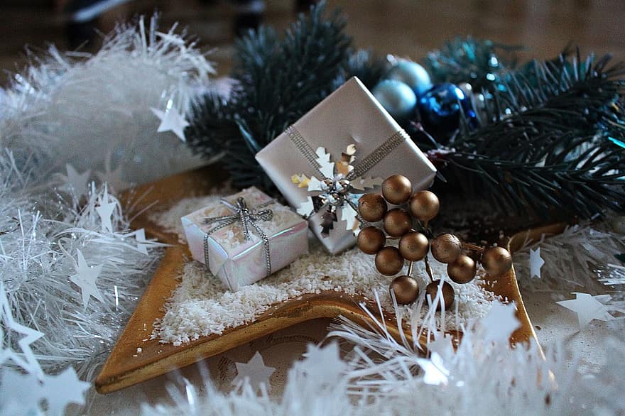クリスマス、デコ、贈り物、モミの木、ゴールド、きらめき、星