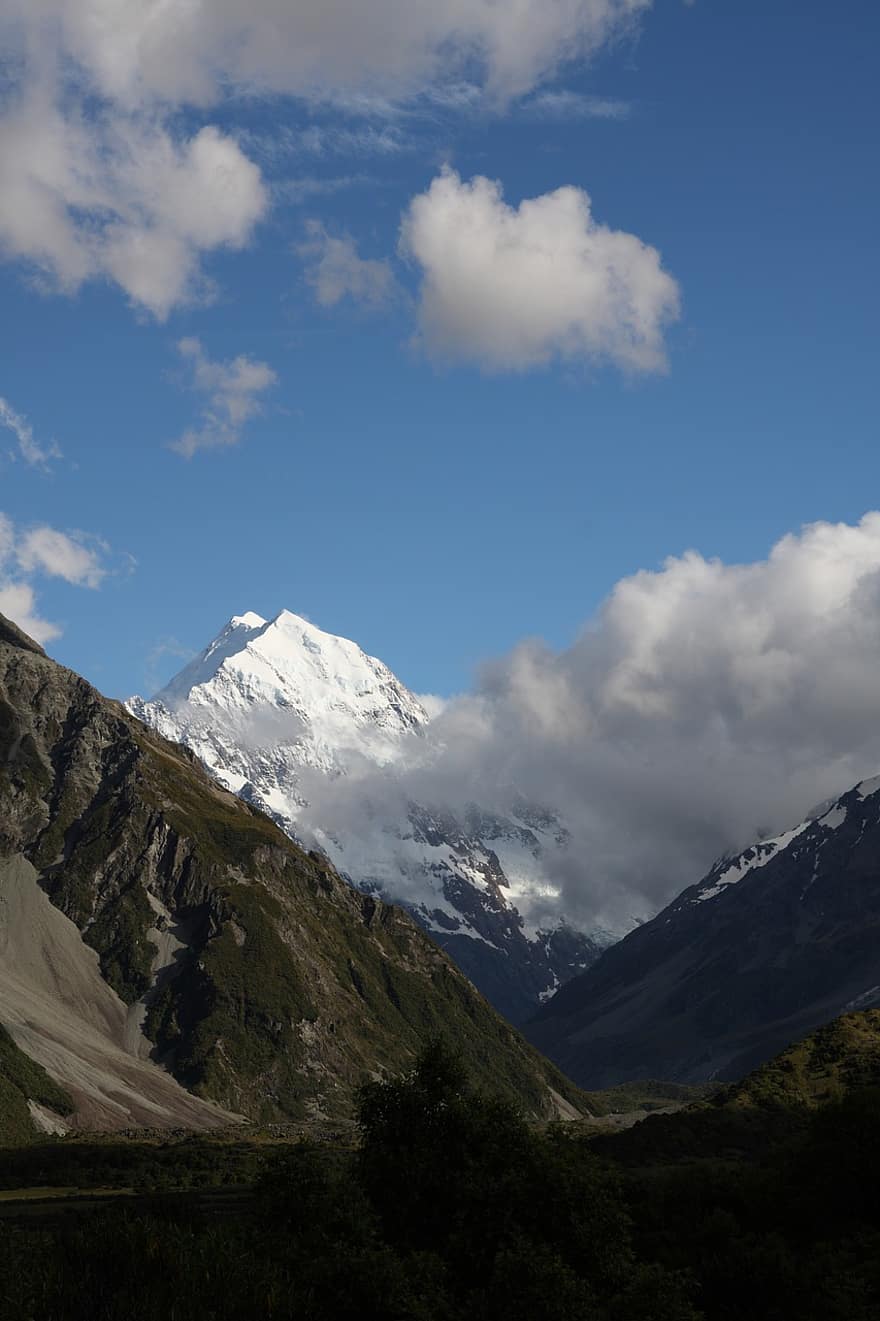 ऍओरकि, पहाड़ों, परिदृश्य, माउंट कुक, न्यूजीलैंड, हिमनद, बर्फ से ढके, बादलों, पर्वत श्रखला, दृश्यों, सुंदर
