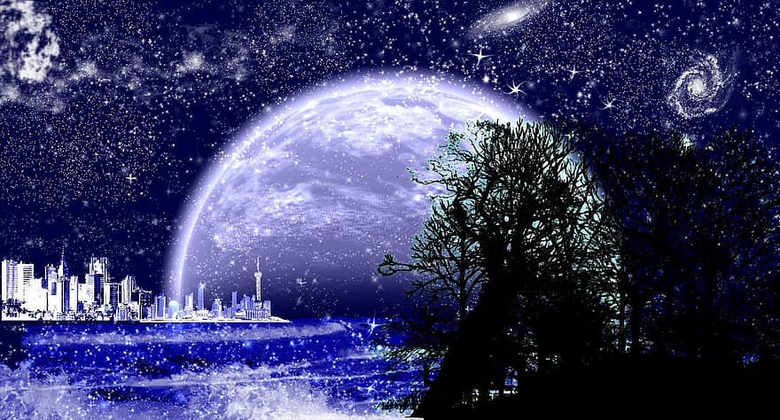 bakgrund, måne, romantisk, fullmåne, himmel, natt, mystisk, atmosfär, kväll, natthimlen, blå