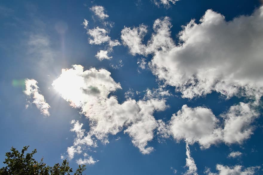 wolken, bewolkte lucht, zon in de wolken, felle zon, atmosfeer, natuur