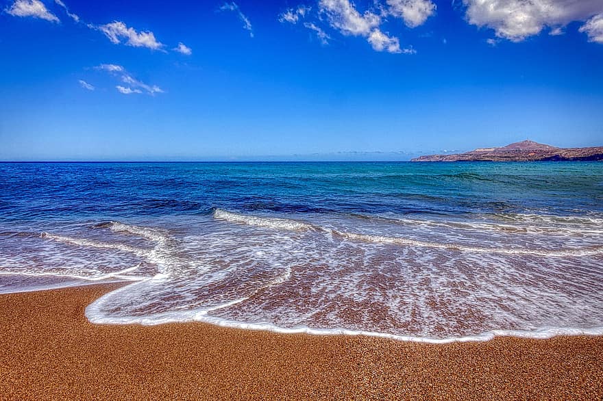 pludmale, krastā, viļņi, smiltis, ūdens, peldēt, slapjš, atjaunot, debesis, mākoņi, Vidusjūras