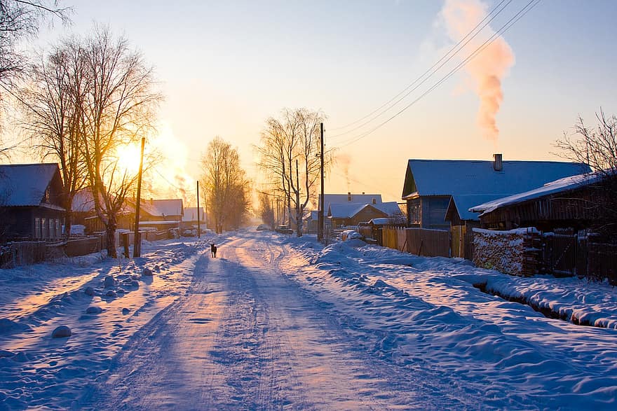 Frost, Winter, Dorf, Landschaft, Straße