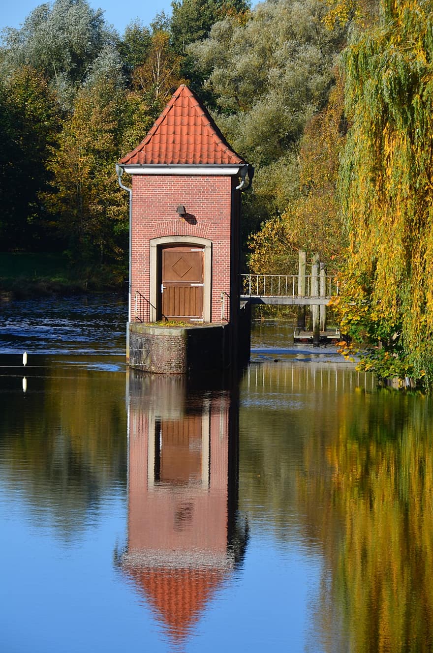 Bremervörde, Lock House, River, Historical, Building, Architecture, Weir, Dam, Water, Reflection, Fall