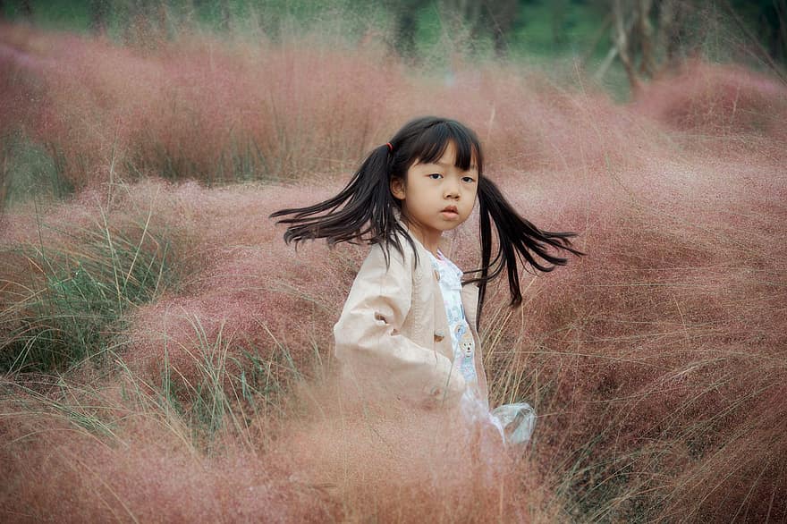 Girl, Child, Meadow, Pink Grass, Kid, Young, Childhood, Cute, Portrait, Grass, Field