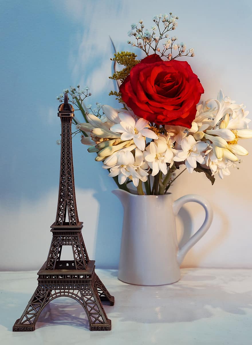 blomster, Rose, rød rose, friske blomster, Eiffeltårnet, europæisk, milepæl, moderne, hjem, indre, design